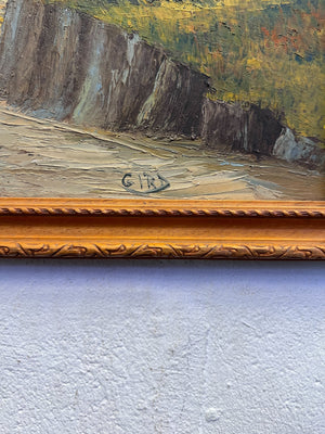 Vintage Mountain Road Landscape Oil Painting in Wooden Frame