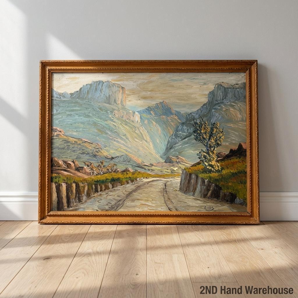 Vintage Mountain Road Landscape Oil Painting in Wooden Frame