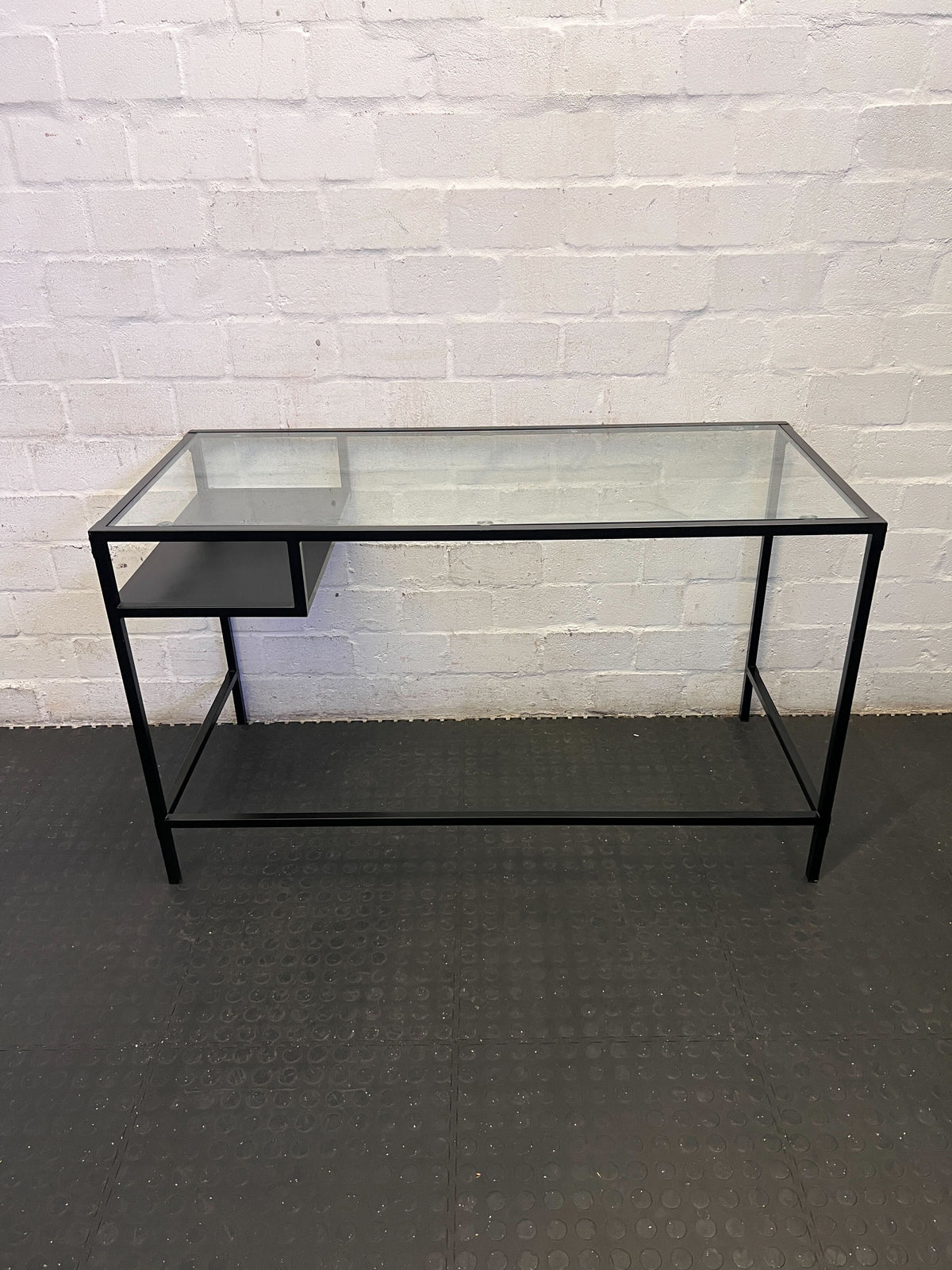 Sleek Glass Top Desk with Integrated Shelf