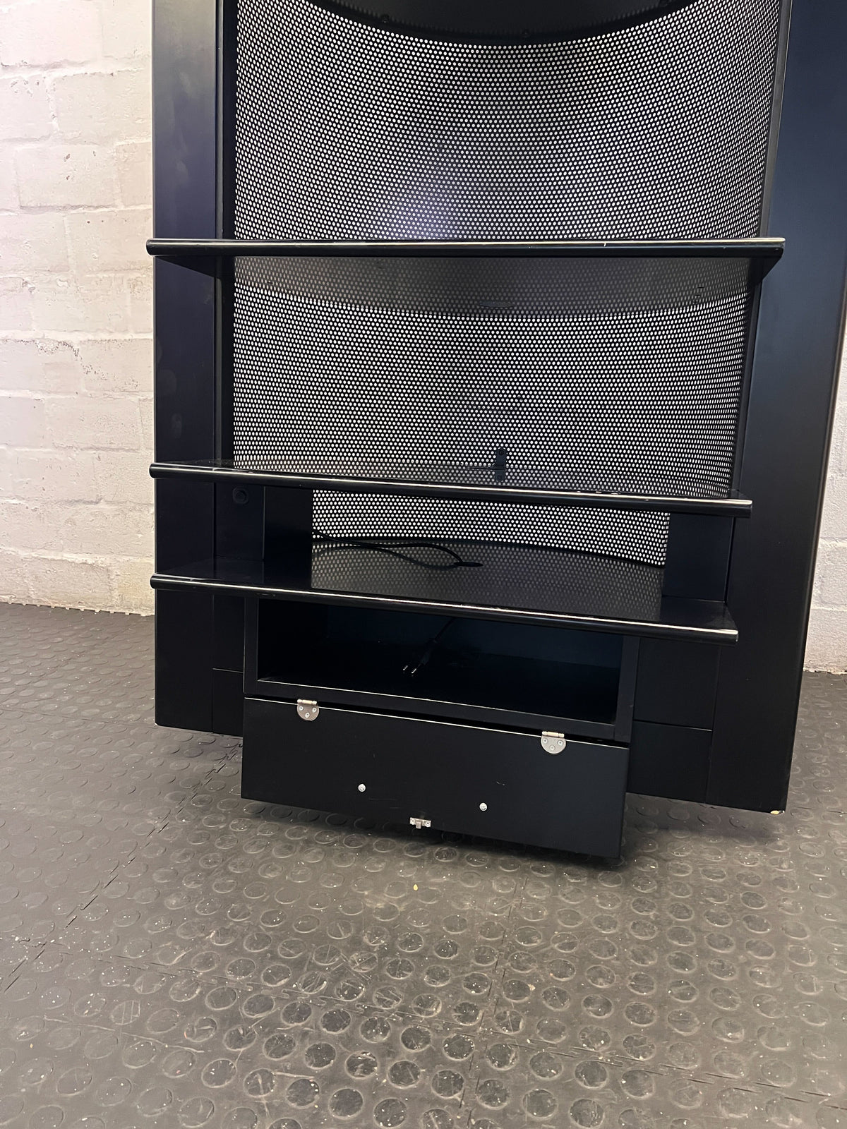 Sleek Black Mirrored Display Unit with Shelves & Drawer