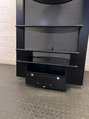 Sleek Black Mirrored Display Unit with Shelves & Drawer