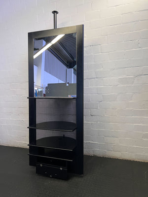 Sleek Black Mirrored Display Unit with Shelves & Drawer