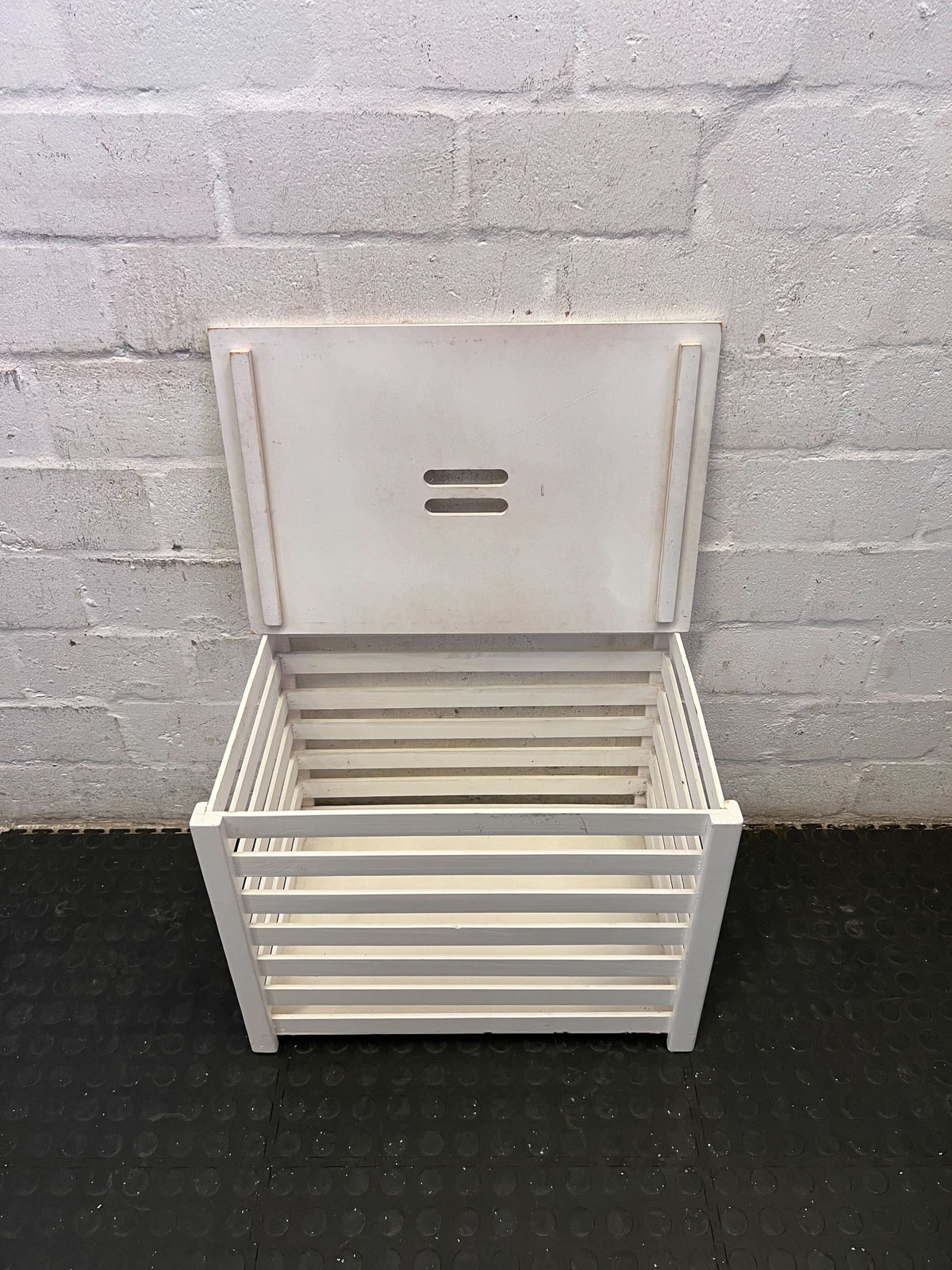 White Slatted Storage Hamper with Lid