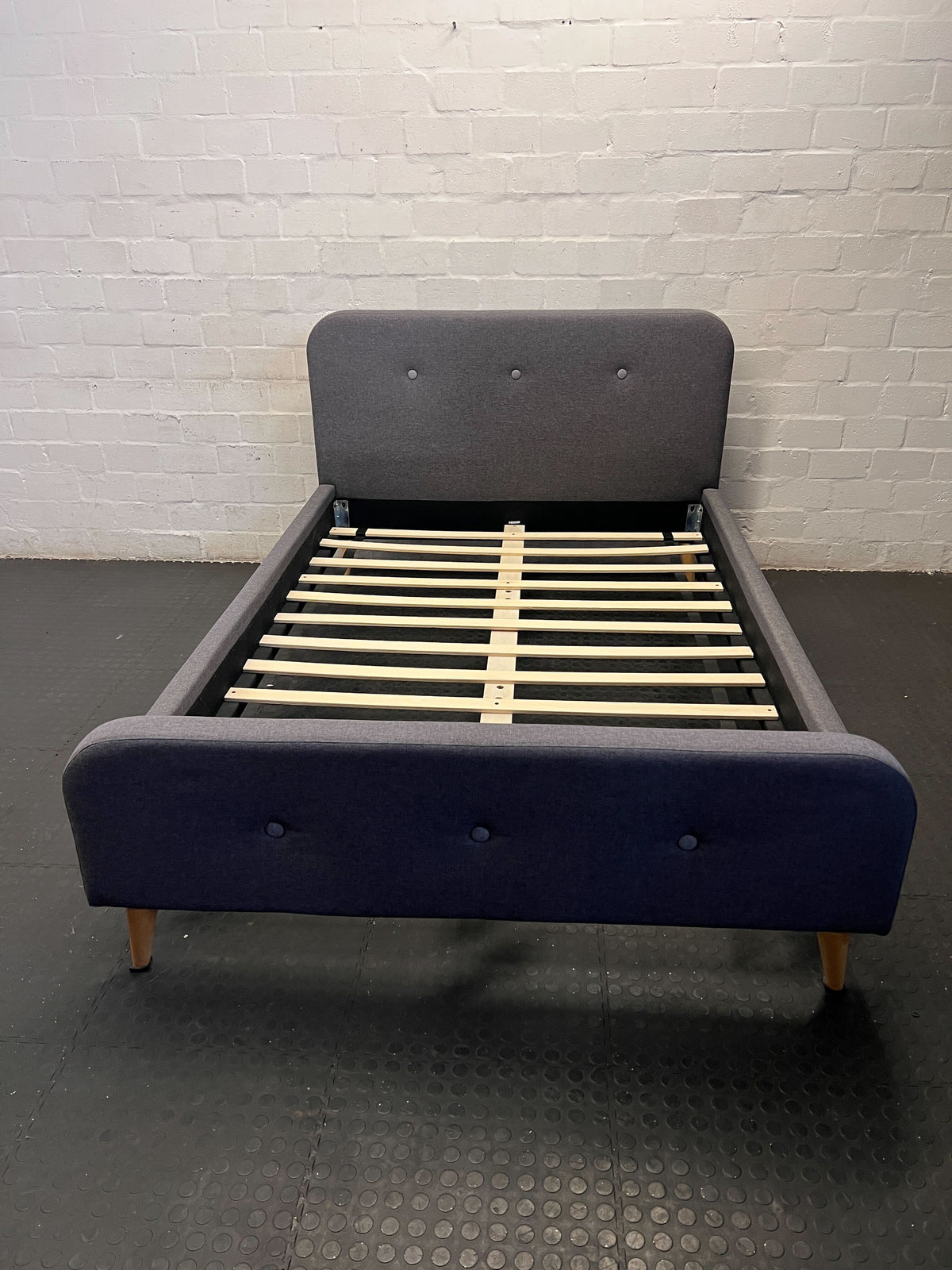 Chic Grey Upholstered Double Bed Frame - Mid-Century Style