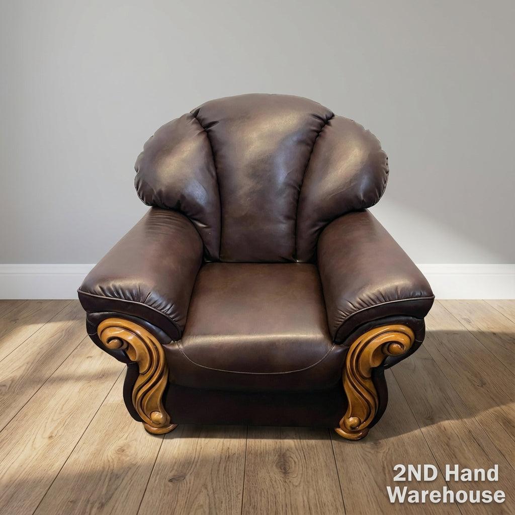 Regal Brown Leather-Look Armchair with Ornate Wood Accents