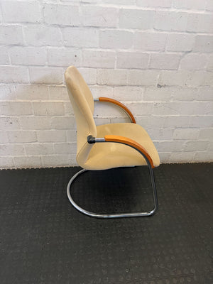 Retro Beige Upholstered Cantilever Chair with Wood Arms