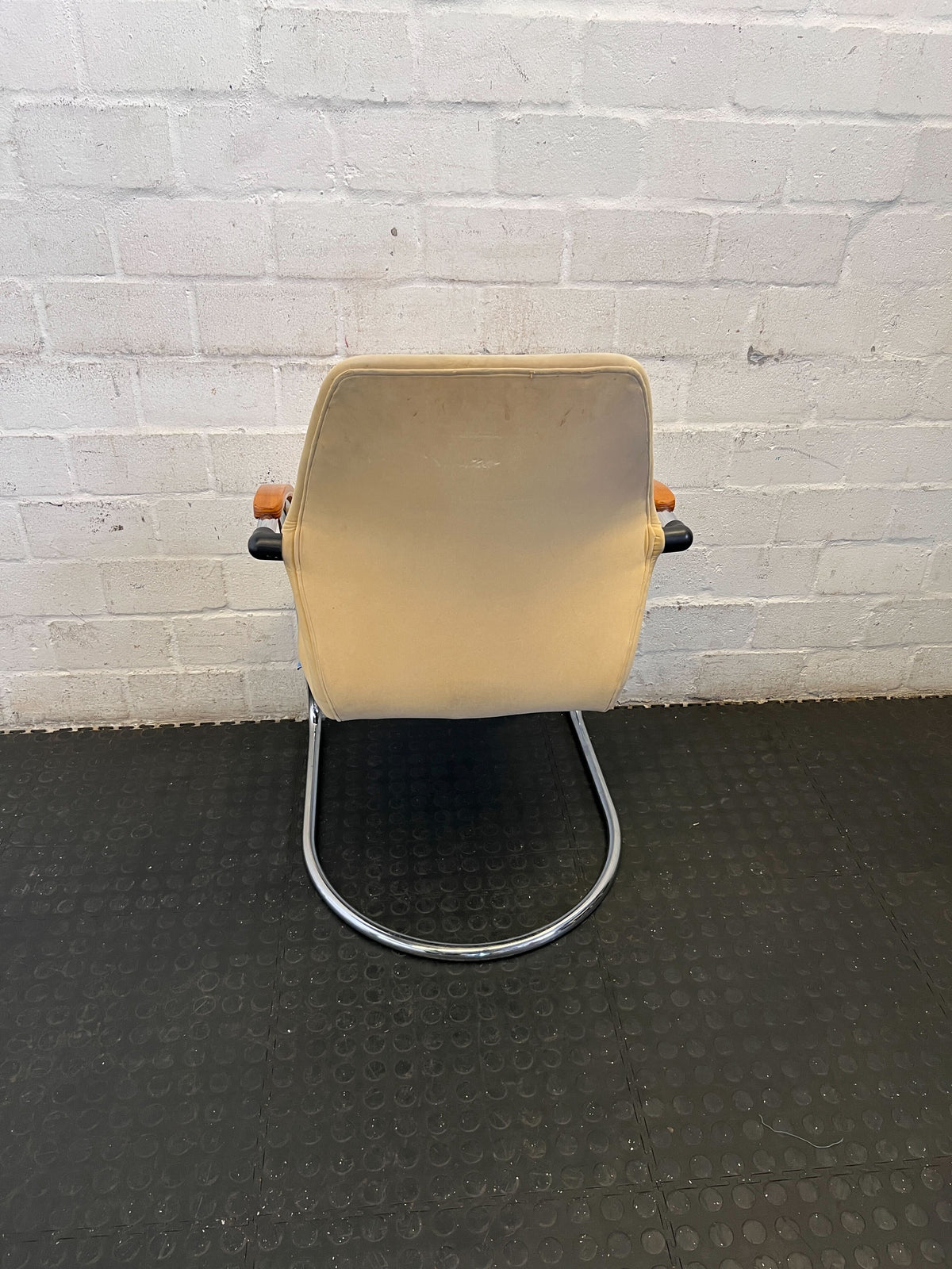 Retro Beige Upholstered Cantilever Chair with Wood Arms