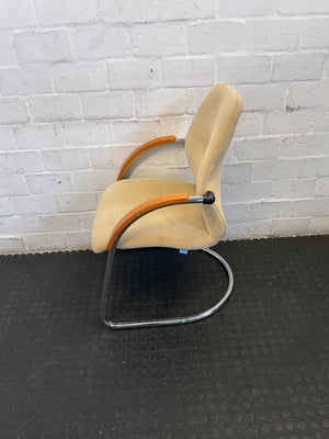Retro Beige Upholstered Cantilever Chair with Wood Arms