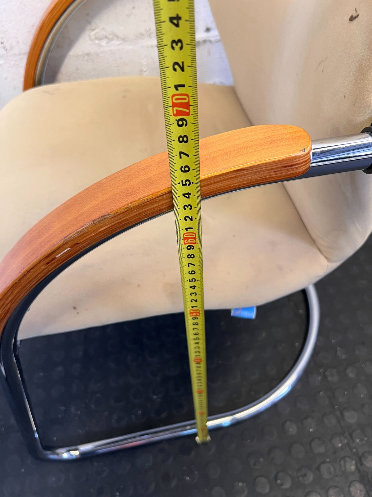 Retro Beige Upholstered Cantilever Chair with Wood Arms