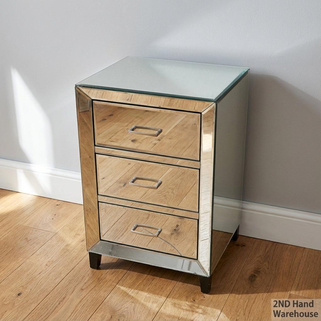 Some visible damages on mirrors -Elegant Mirrored 3-Drawer Bedside Cabinet with damage