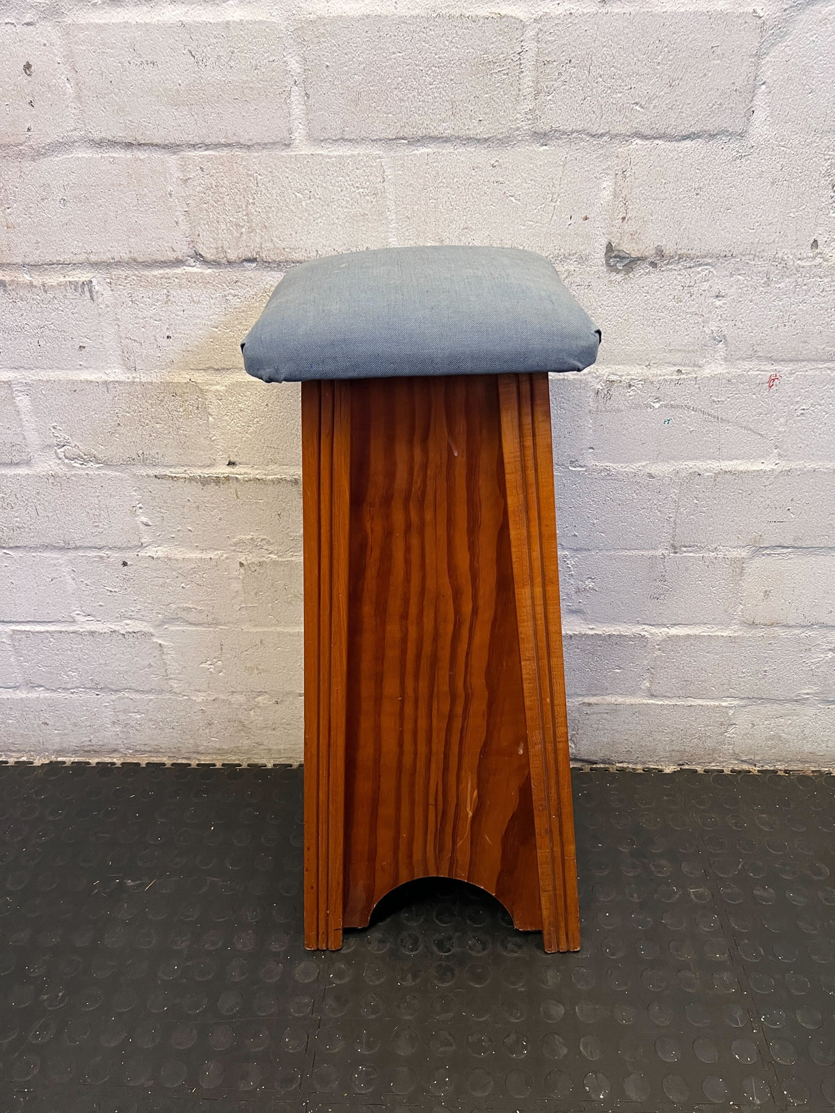 Vintage Wooden Stool with Upholstered Blue Seat
