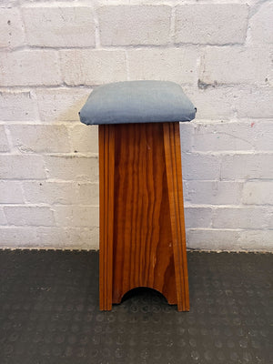 Vintage Wooden Stool with Upholstered Blue Seat