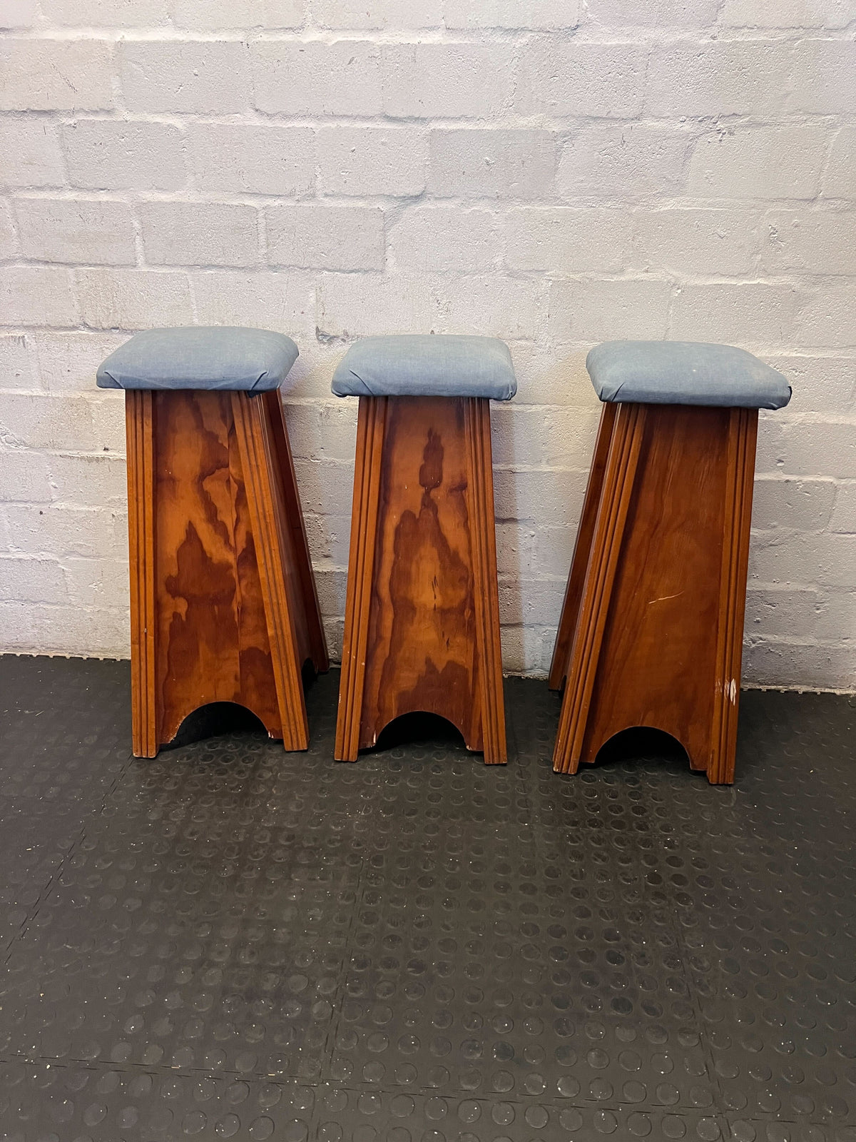 Vintage Wooden Stool with Upholstered Blue Seat
