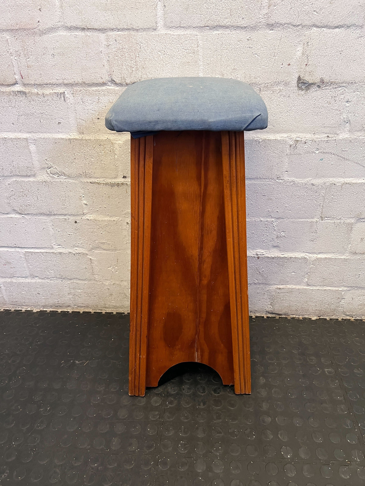 Vintage Wooden Stool with Upholstered Blue Seat