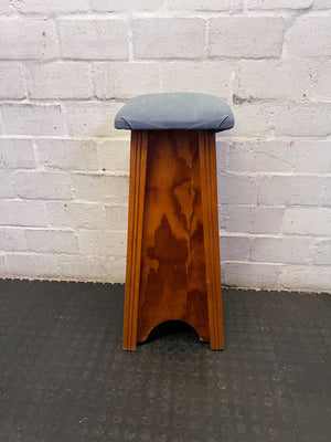 Vintage Wooden Stool with Upholstered Blue Seat