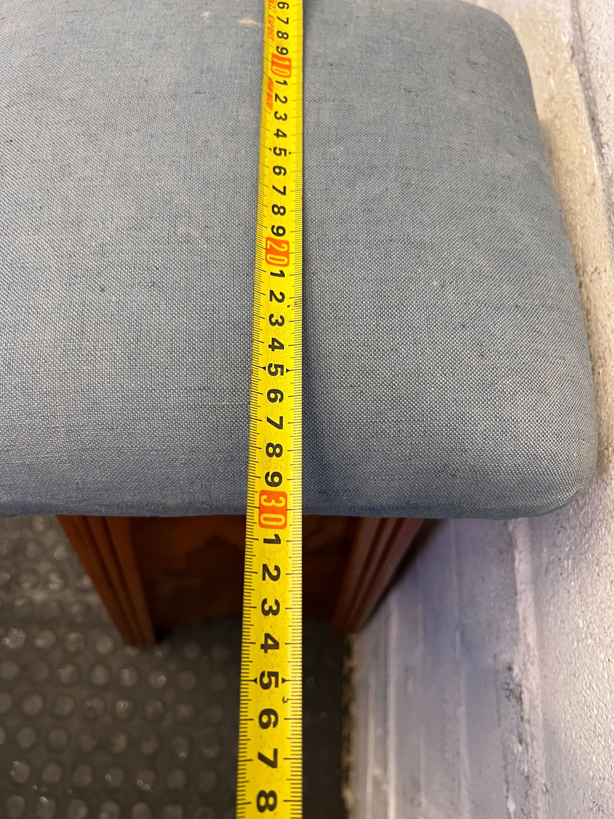 Vintage Wooden Stool with Upholstered Blue Seat