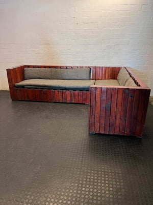 Rustic Wooden Sectional Sofa with Grey Cushions - Fair used