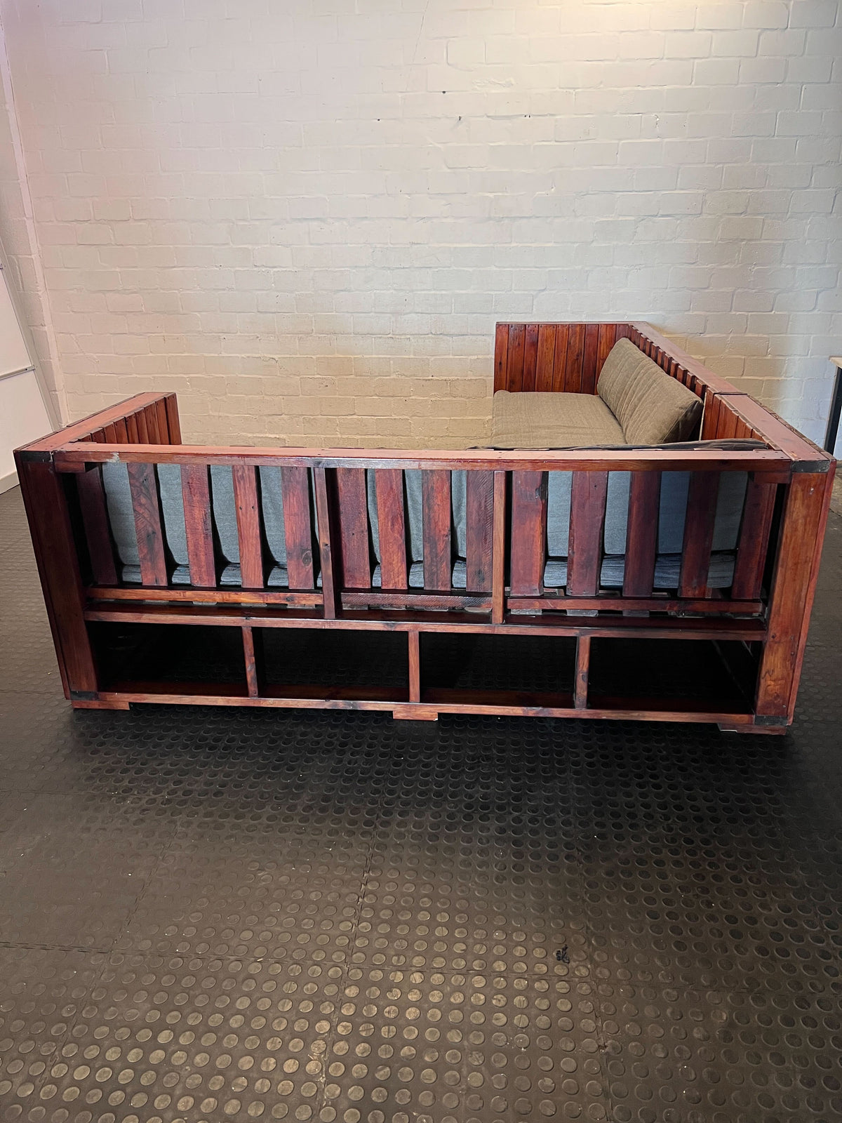 Rustic Wooden Sectional Sofa with Grey Cushions - Fair used