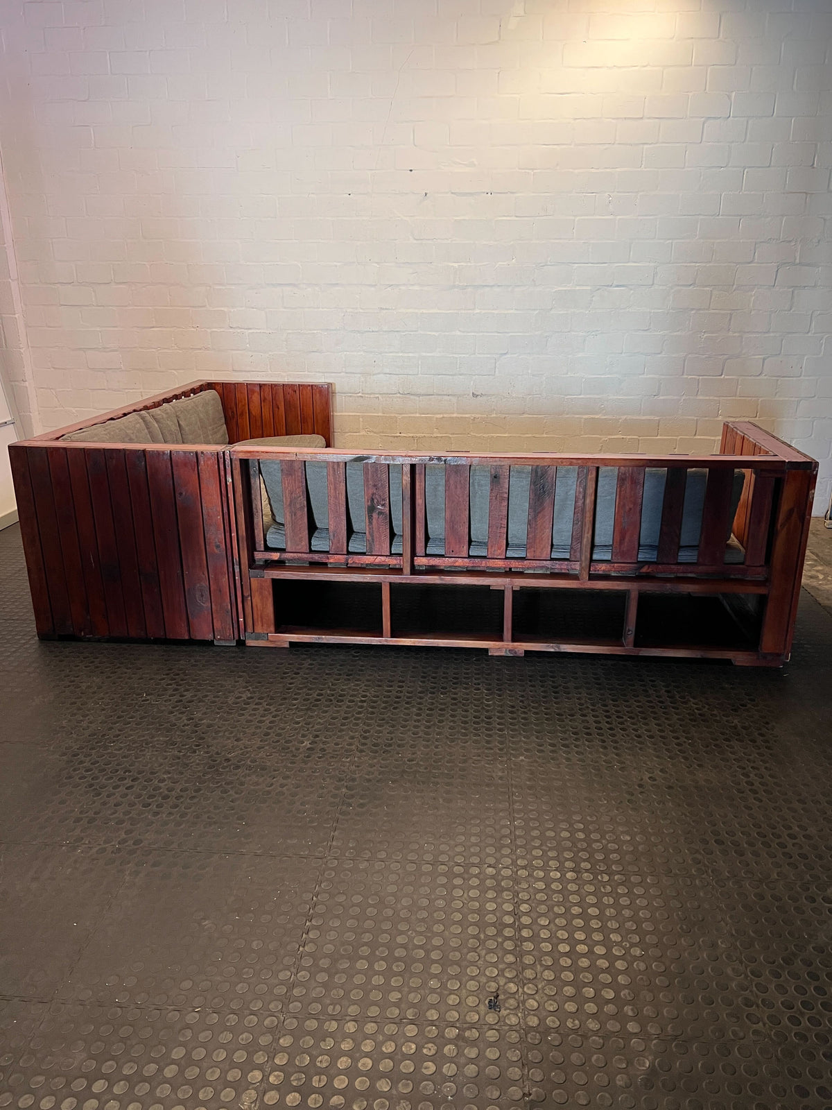 Rustic Wooden Sectional Sofa with Grey Cushions - Fair used