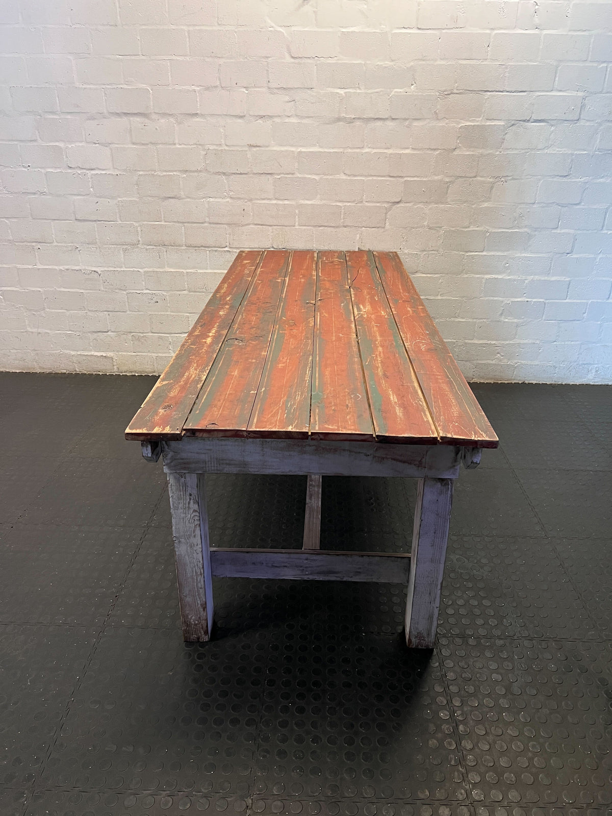 Rustic Distressed Red Top Wooden Workbench & Dining Table - Fair used 210L x 84Wx 74H