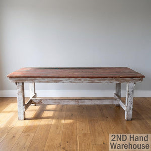 Rustic Distressed Red Top Wooden Workbench & Dining Table - Fair used 210L x 84Wx 74H