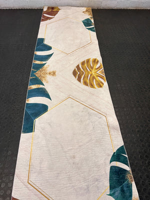 Elegant Tropical Leaf Pattern Runner Rug with Gold Accents - 2ndhandwarehouse.com