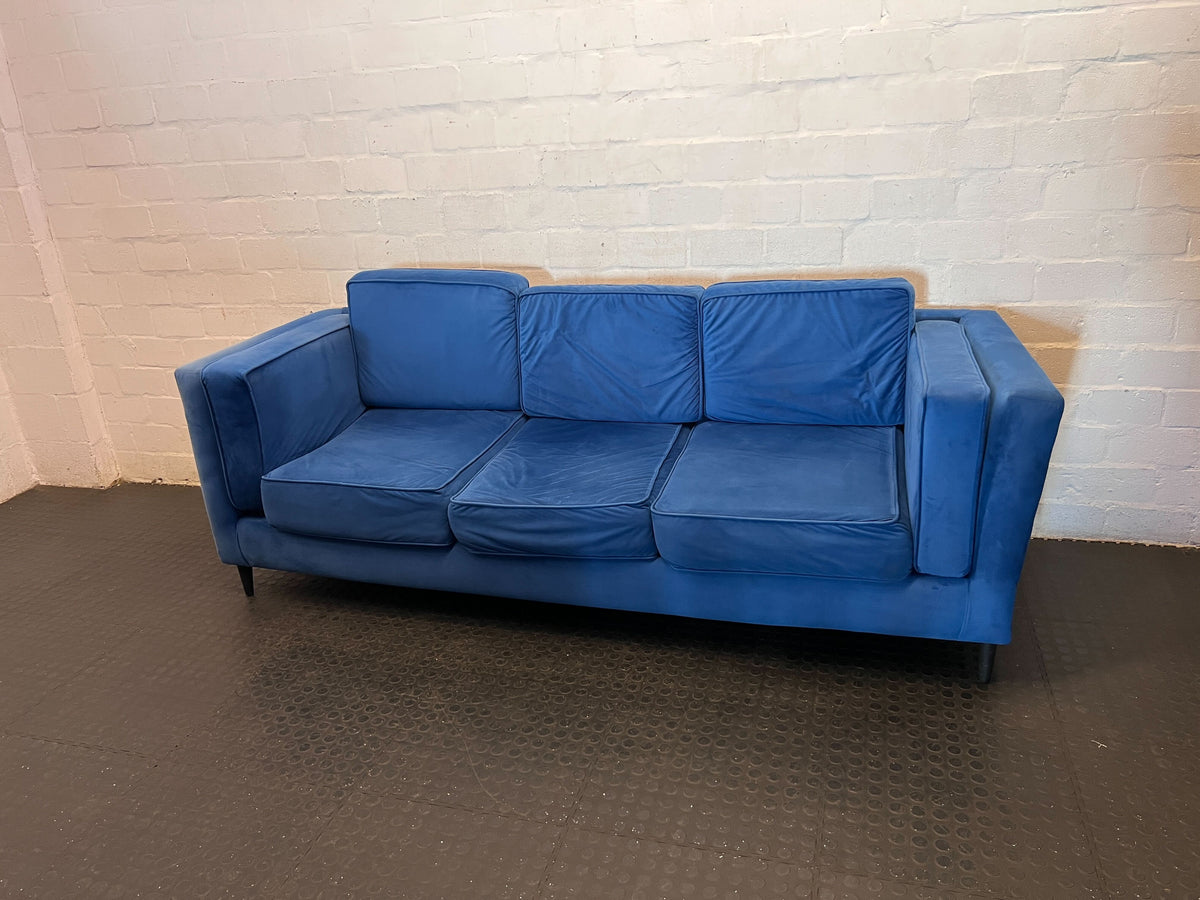Sleek Royal Blue Velvet Sofa - some sun damage to the side - 2ndhandwarehouse.com