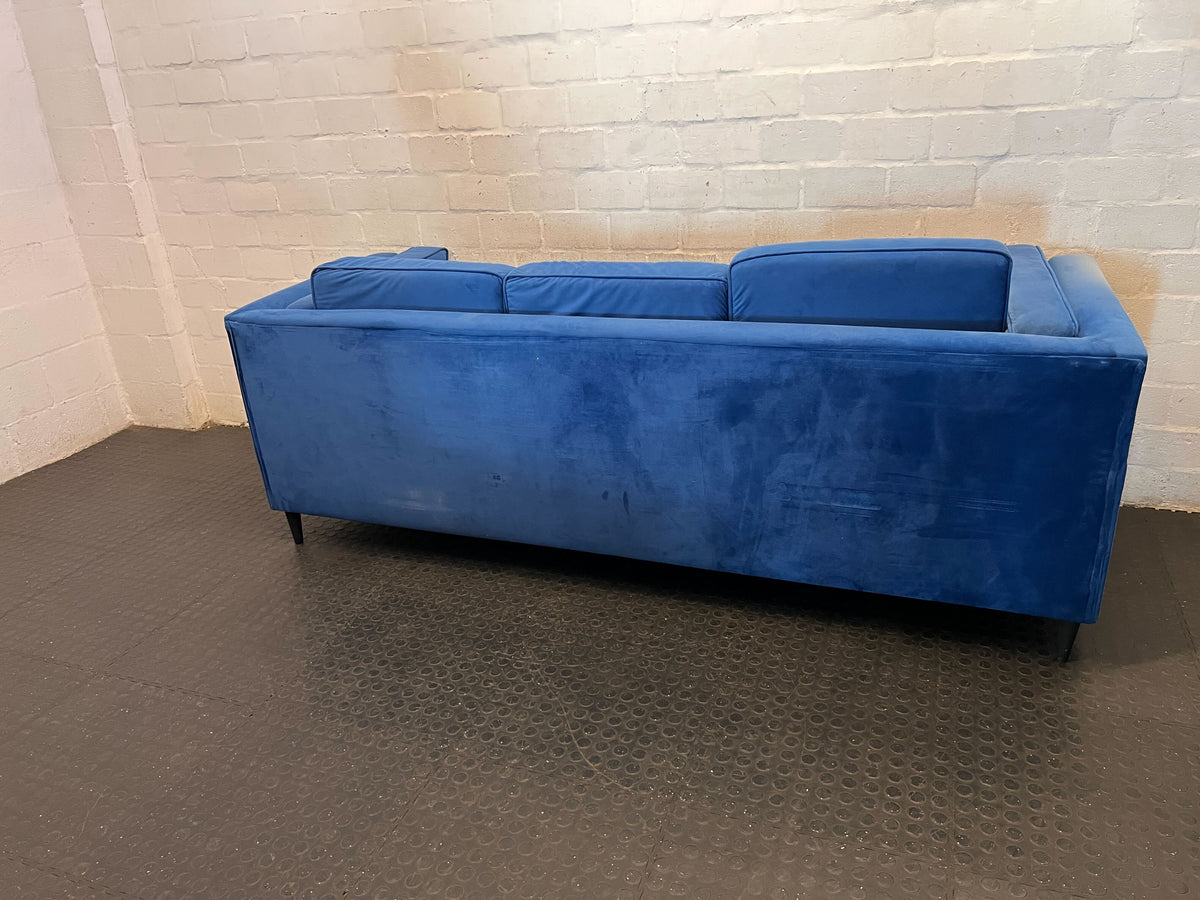 Sleek Royal Blue Velvet Sofa - some sun damage to the side - 2ndhandwarehouse.com