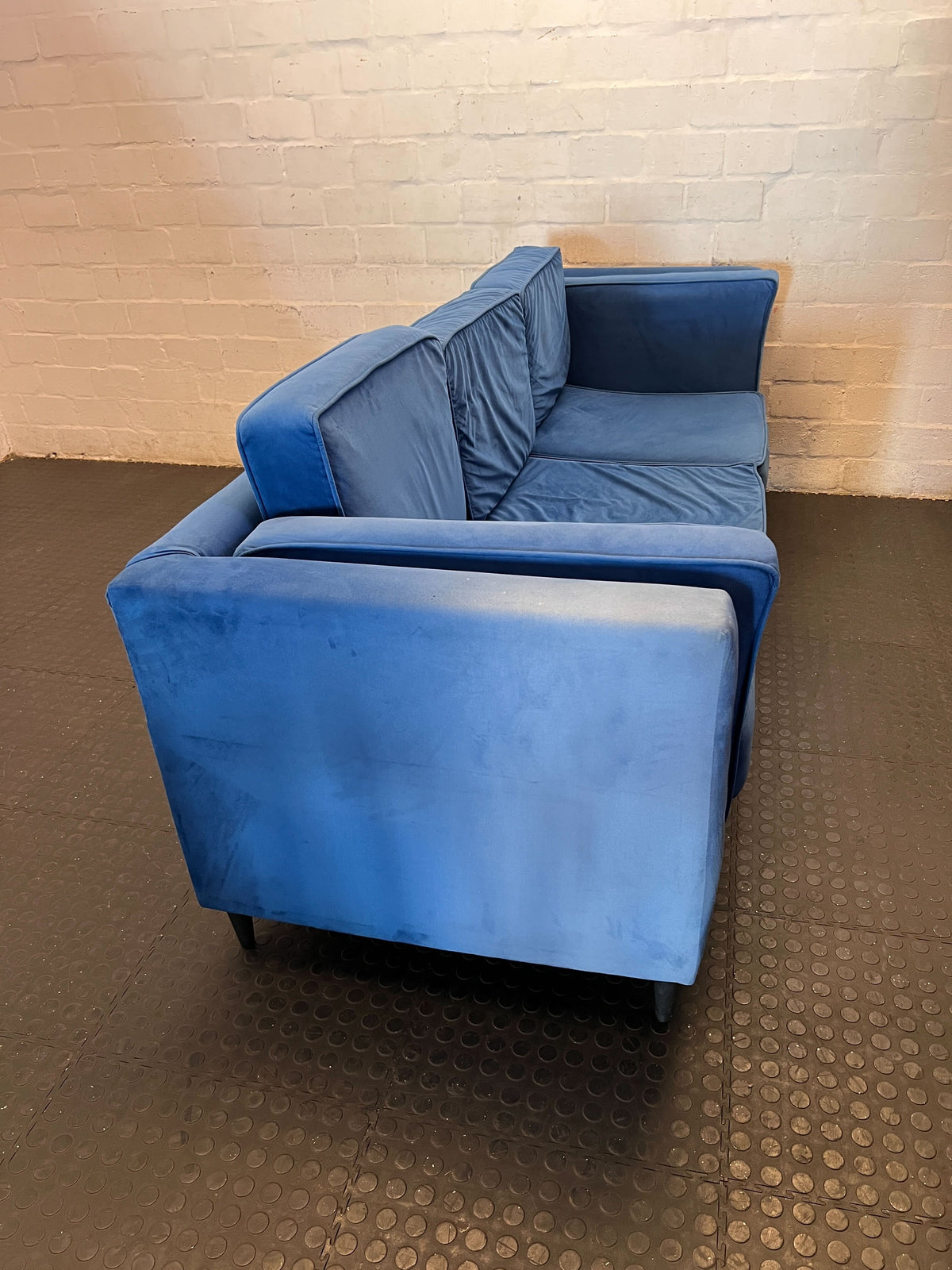 Sleek Royal Blue Velvet Sofa - some sun damage to the side - 2ndhandwarehouse.com