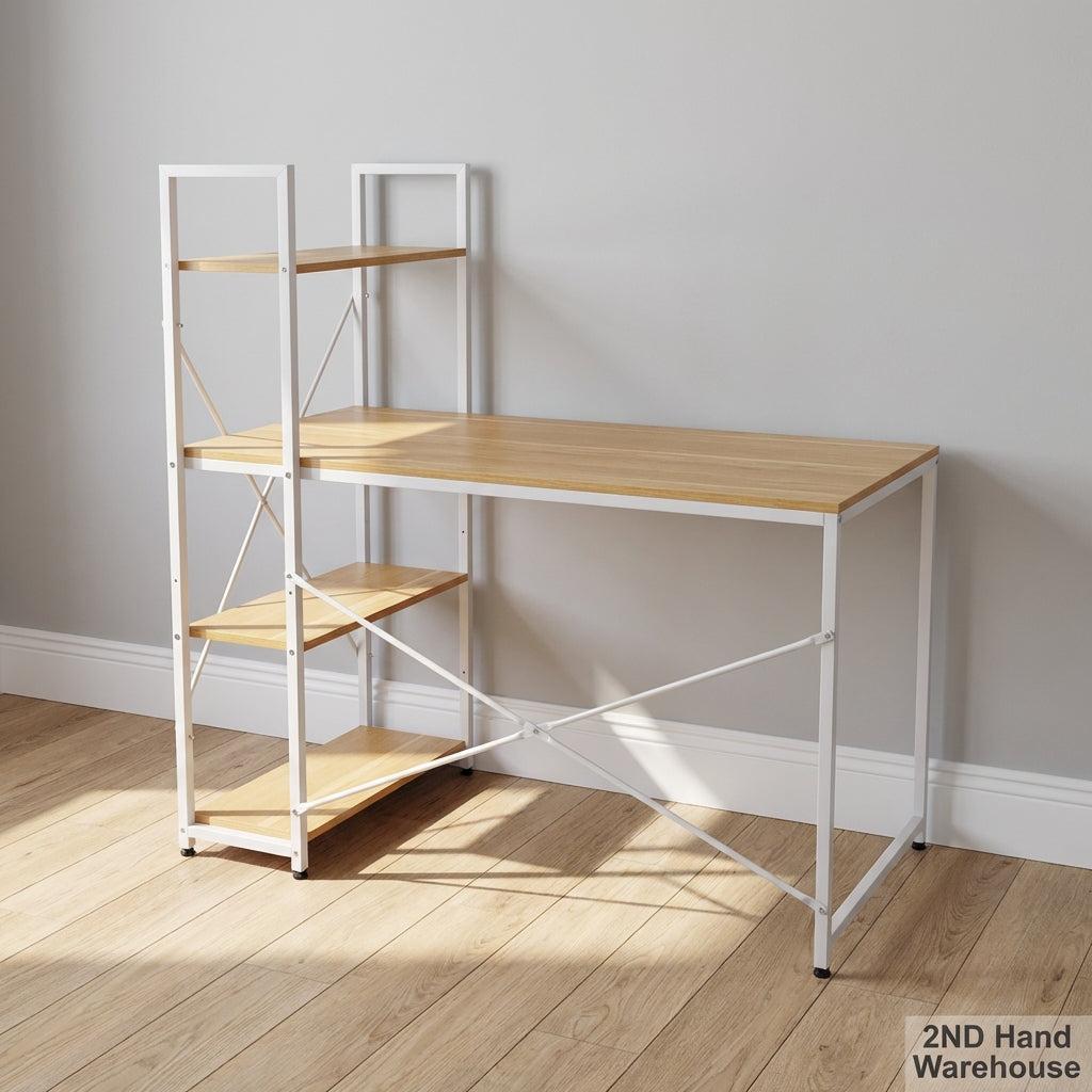 Modern Wood & White Study Desk with Integrated Shelves