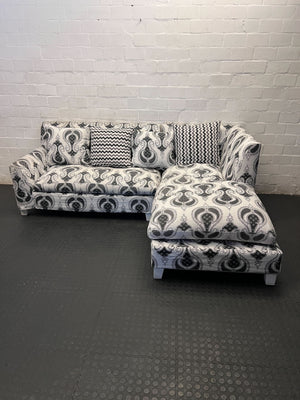 Stylish Black & White Paisley Sectional Sofa with Chaise & Cushions