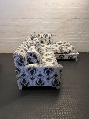 Stylish Black & White Paisley Sectional Sofa with Chaise & Cushions