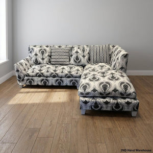 Stylish Black & White Paisley Sectional Sofa with Chaise & Cushions