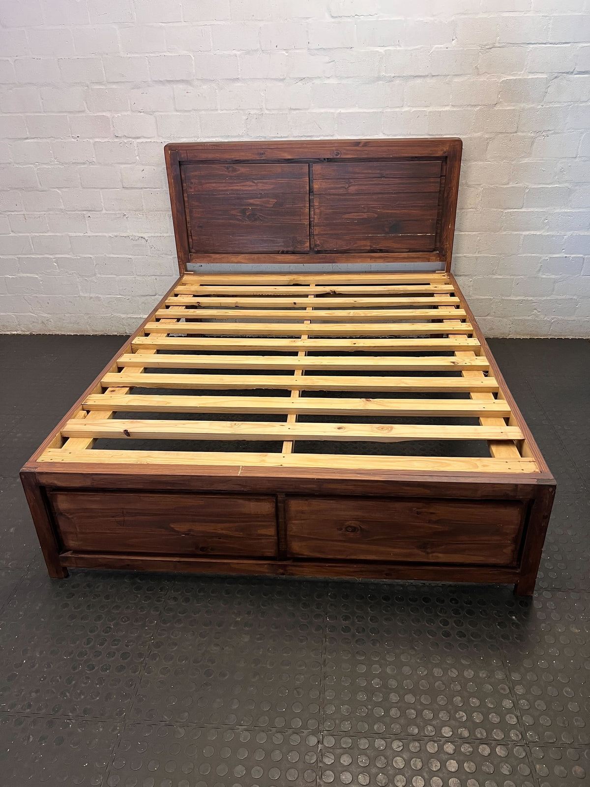 queen bed frame  - Rustic Wooden Bed Frame with Built-in Storage Drawers ✨ - 2ndhandwarehouse.com