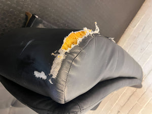Versatile Black Faux Leather Futon Sofa Bed with Gold Accents - Broken one side - 2ndhandwarehouse.com