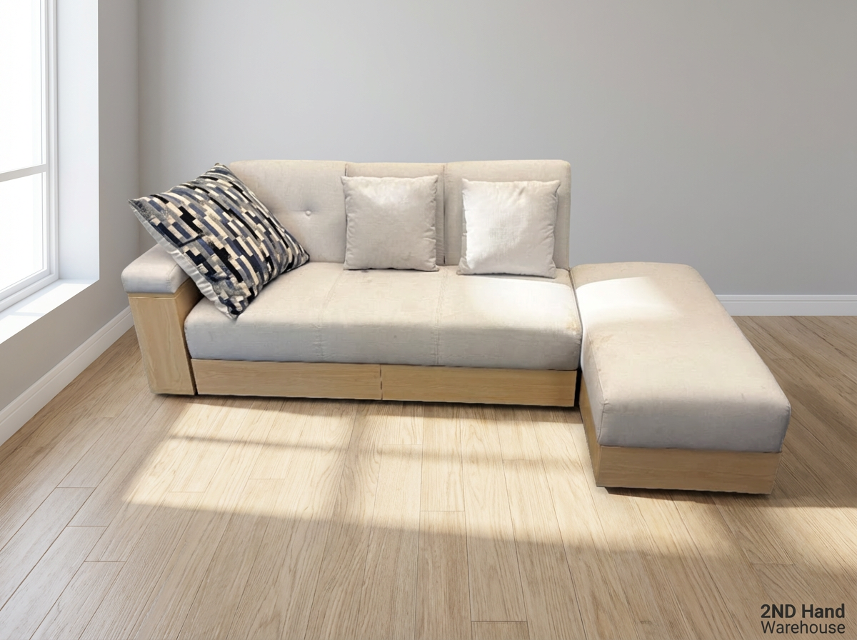 L-Shaped Fabric Couch with Storage & Console - Light Stains on Fabric - 2ndhandwarehouse.com