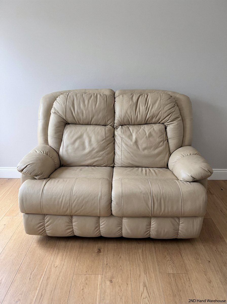 Cream Leather 2-Seater Couch - Excellent Condition - 2ndhandwarehouse.com