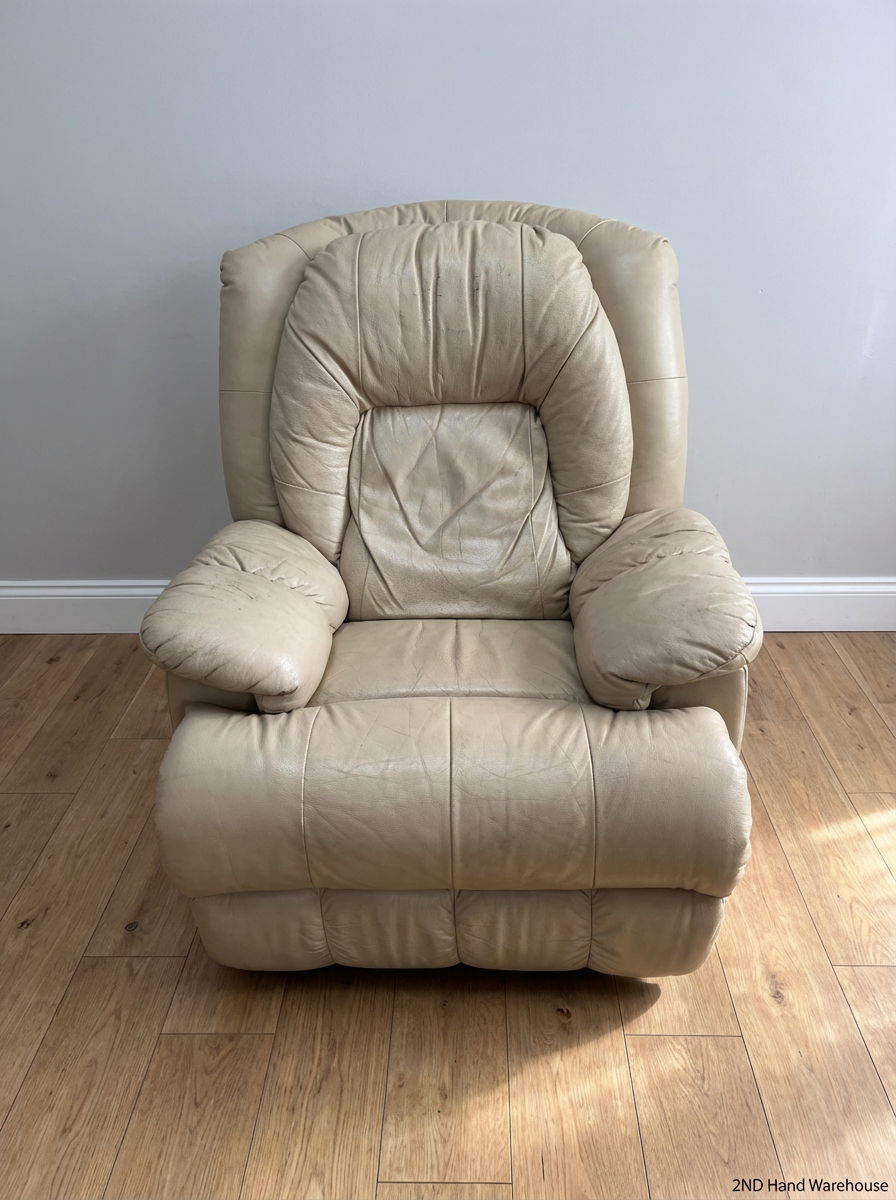 Cream Leather Recliner Armchair - Visible Surface Wear