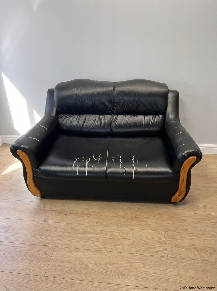Black 2-Seater Couch - Heavy Upholstery Damage / Worn Out - 2ndhandwarehouse.com