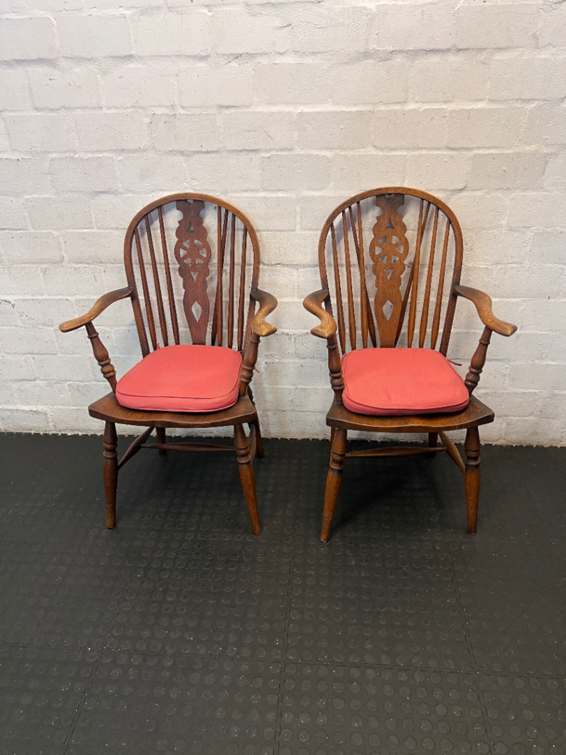 Pair of Spindle Back Dining Chairs with Arms - Worn Wood Finish - 2ndhandwarehouse.com