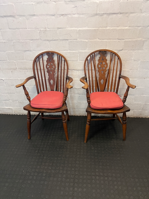 Pair of Spindle Back Dining Chairs with Arms - Worn Wood Finish - 2ndhandwarehouse.com