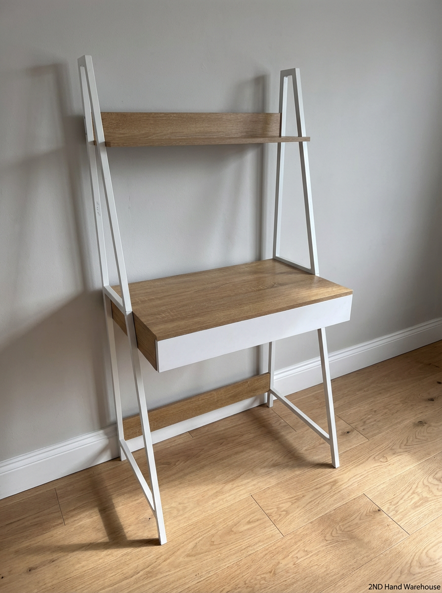 Modern Ladder Desk with Drawer - White & Oak Finish