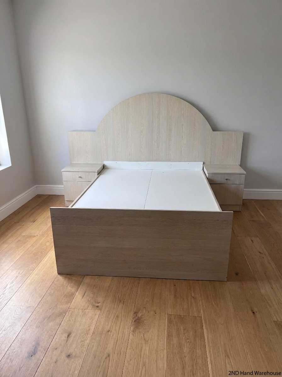 Light Wood Double Bed Base with Arched Headboard & 4 Storage Drawers - 2ndhandwarehouse.com