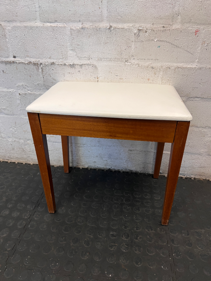 Vintage-Style Wooden Stool with Padded Cream Seat - 2ndhandwarehouse.com