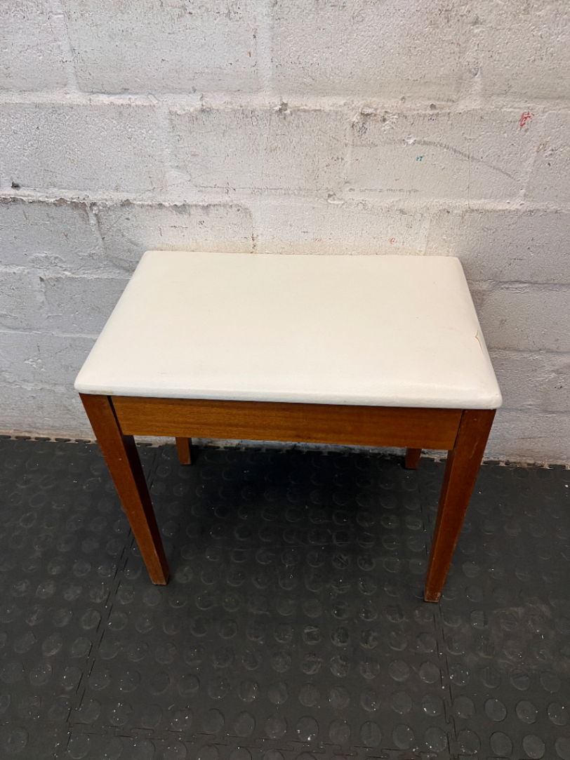 Vintage-Style Wooden Stool with Padded Cream Seat - 2ndhandwarehouse.com
