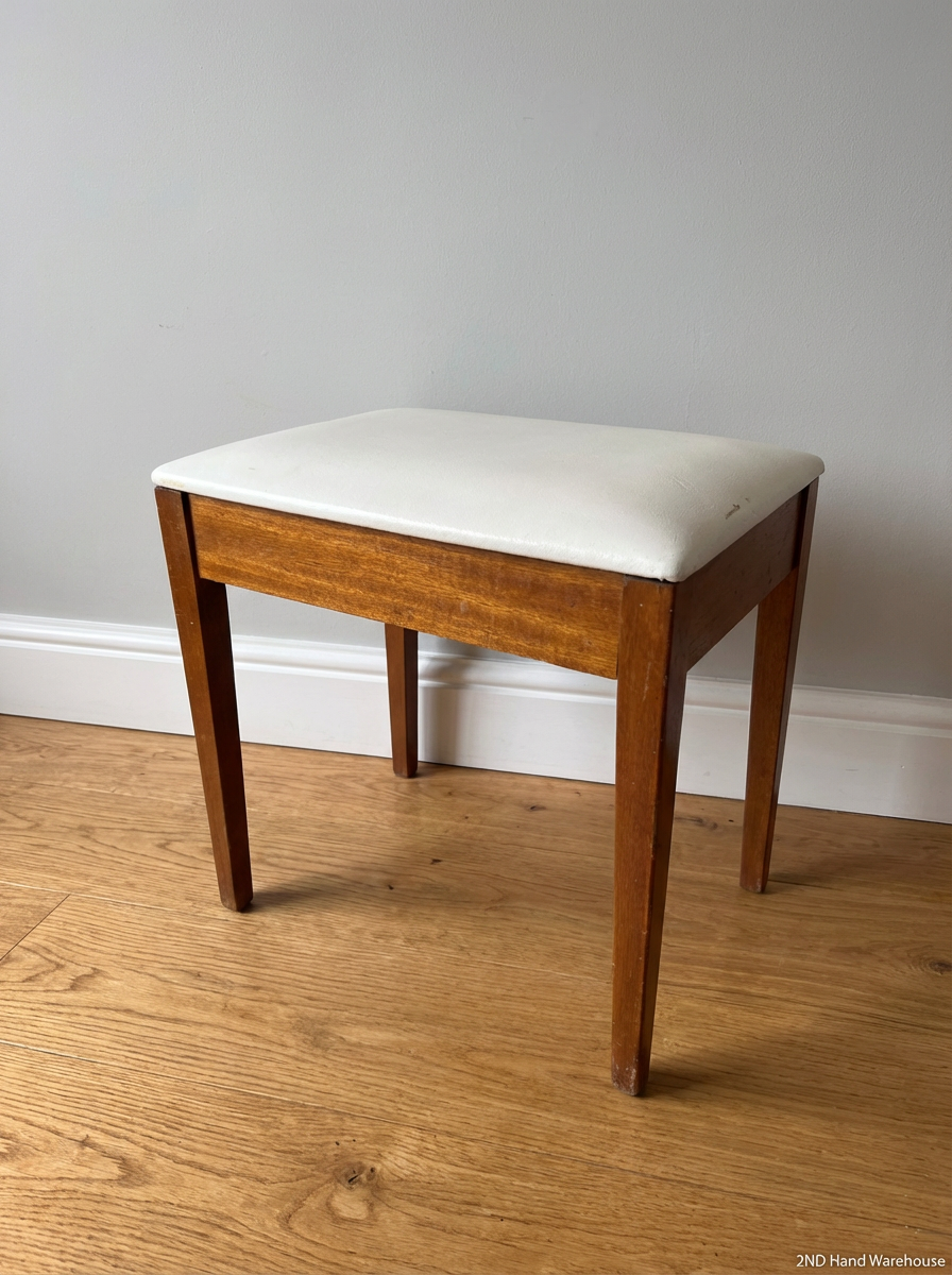 Vintage-Style Wooden Stool with Padded Cream Seat - 2ndhandwarehouse.com