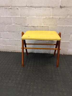 Vintage Wooden Stool with Yellow Patterned Upholstery - 2ndhandwarehouse.com