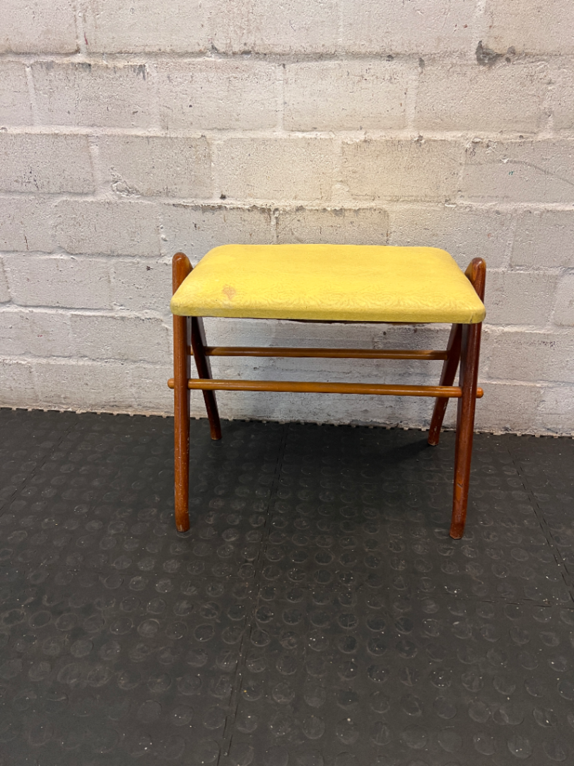Vintage Wooden Stool with Yellow Patterned Upholstery - 2ndhandwarehouse.com