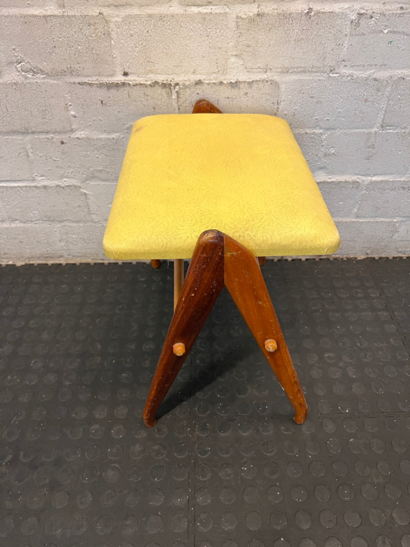 Vintage Wooden Stool with Yellow Patterned Upholstery - 2ndhandwarehouse.com