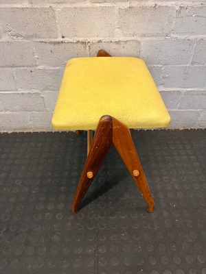 Vintage Wooden Stool with Yellow Patterned Upholstery - 2ndhandwarehouse.com